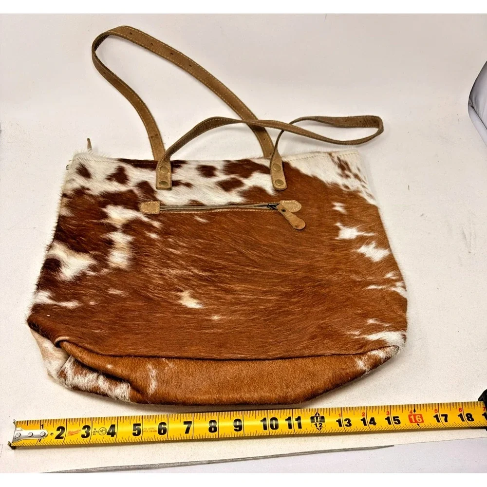 Myra Bag Cowhide Leather Tote Shoulder Bag Brown White Purse Cowgirl Urban